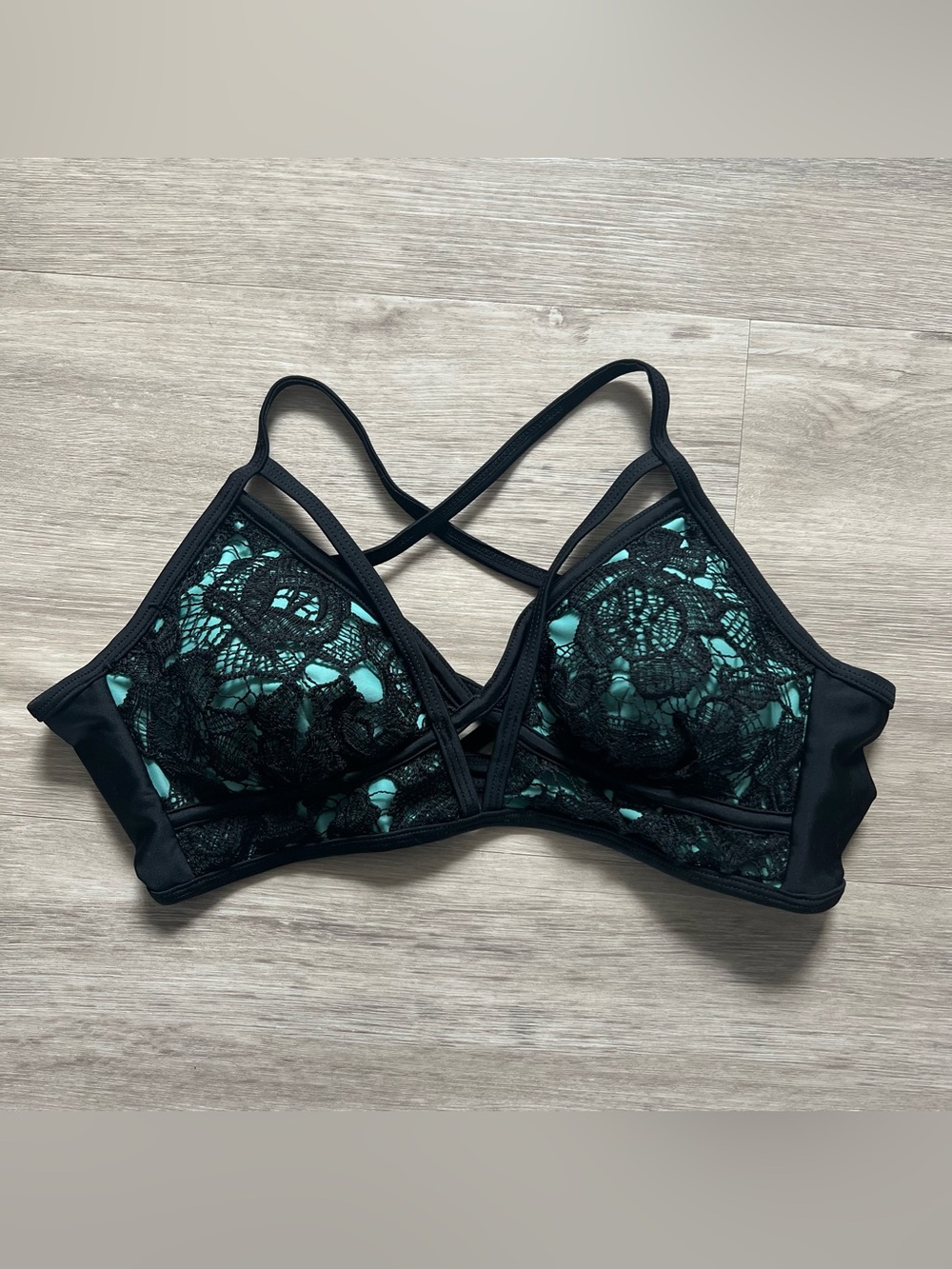 Women's Black and Mint Lace Strappy Swim Bralette Top